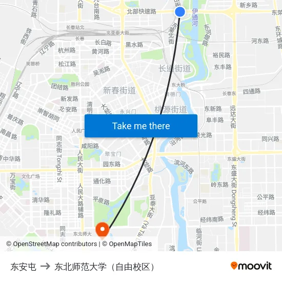 东安屯 to 东北师范大学（自由校区） map