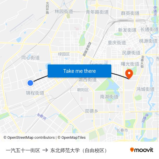 一汽五十一街区 to 东北师范大学（自由校区） map