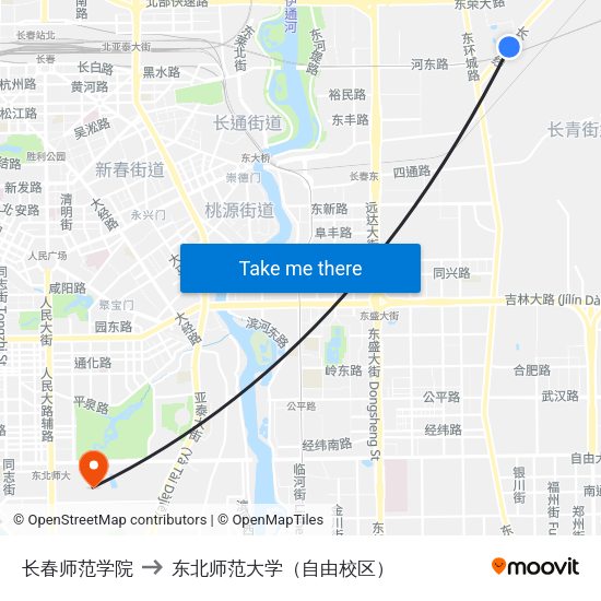 长春师范学院 to 东北师范大学（自由校区） map