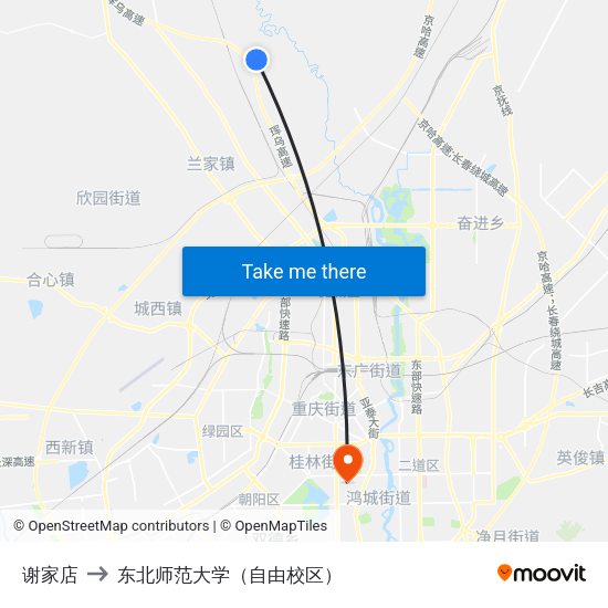 谢家店 to 东北师范大学（自由校区） map