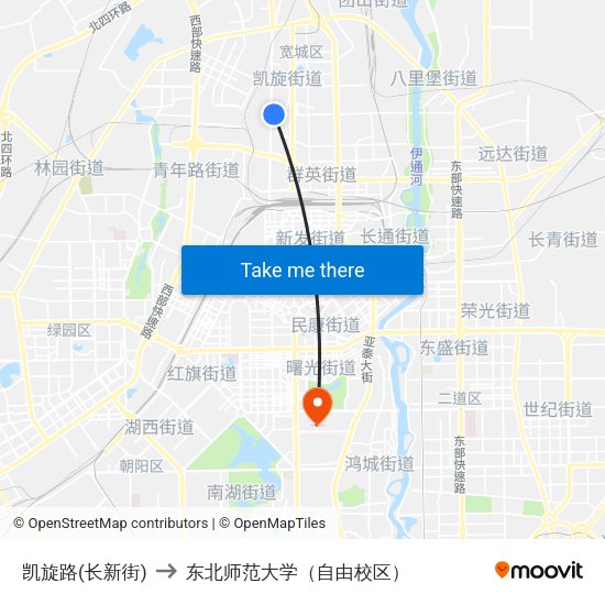 凯旋路(长新街) to 东北师范大学（自由校区） map