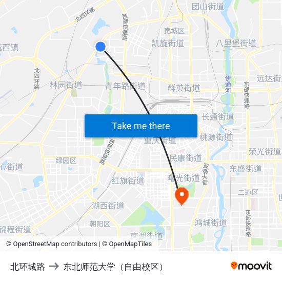 北环城路 to 东北师范大学（自由校区） map