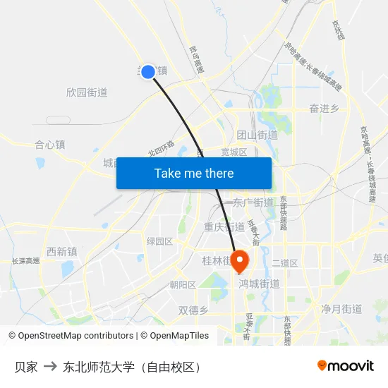 贝家 to 东北师范大学（自由校区） map