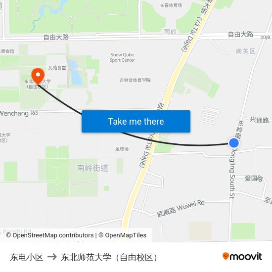 东电小区 to 东北师范大学（自由校区） map
