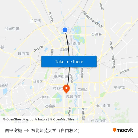两甲窝棚 to 东北师范大学（自由校区） map