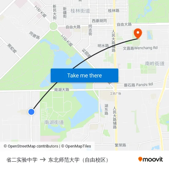 省二实验中学 to 东北师范大学（自由校区） map