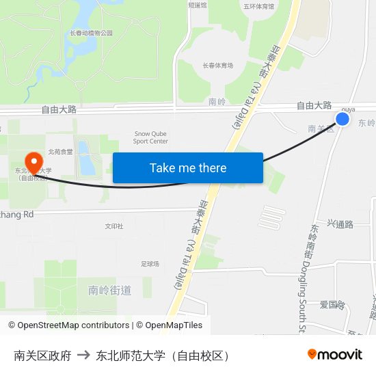 南关区政府 to 东北师范大学（自由校区） map