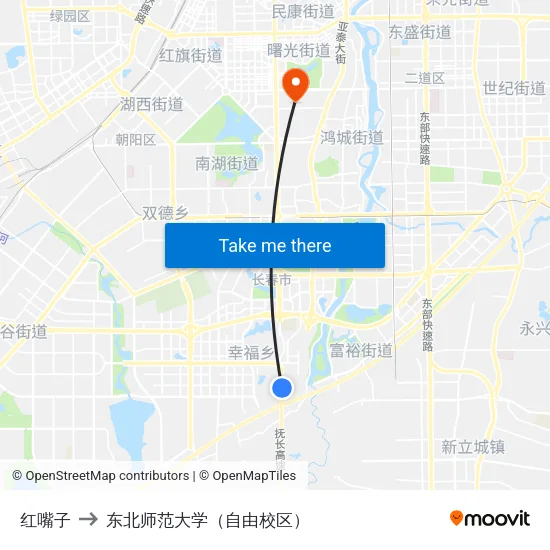 红嘴子 to 东北师范大学（自由校区） map