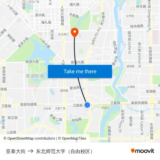 亚泰大街 to 东北师范大学（自由校区） map
