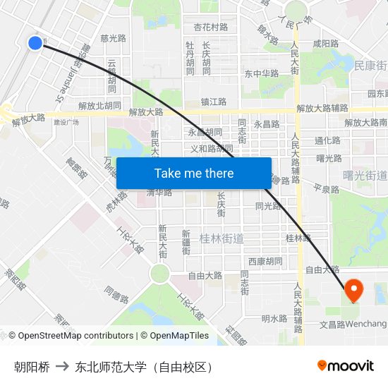 朝阳桥 to 东北师范大学（自由校区） map