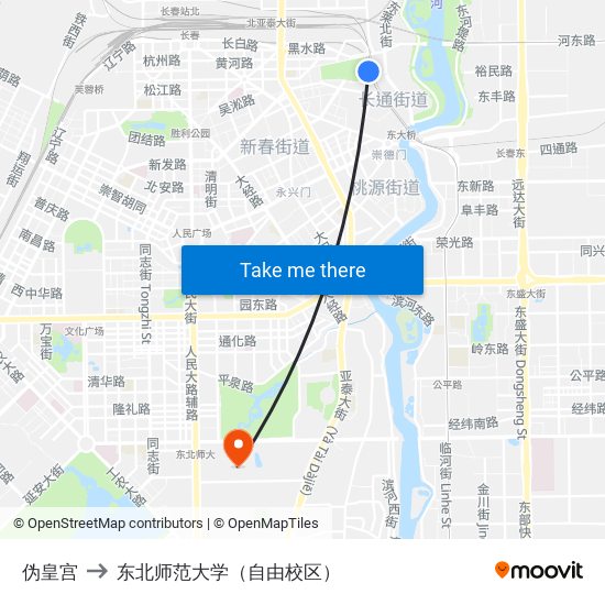 伪皇宫 to 东北师范大学（自由校区） map