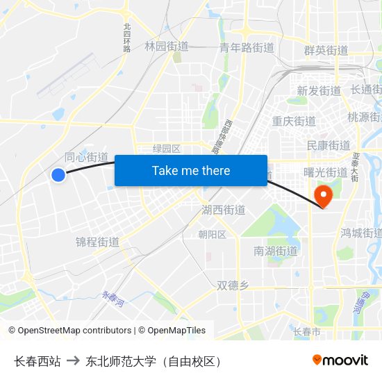 长春西站 to 东北师范大学（自由校区） map