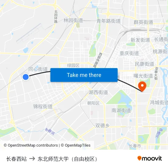 长春西站 to 东北师范大学（自由校区） map