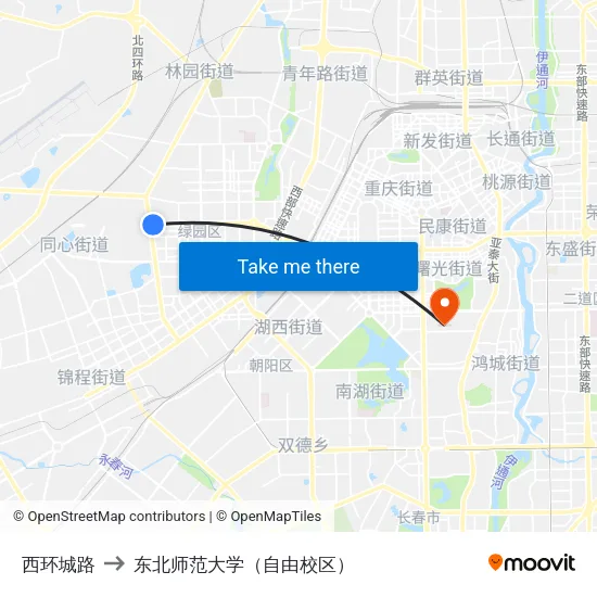 西环城路 to 东北师范大学（自由校区） map