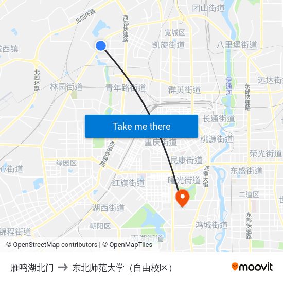 雁鸣湖北门 to 东北师范大学（自由校区） map