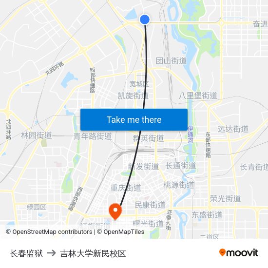 长春监狱 to 吉林大学新民校区 map