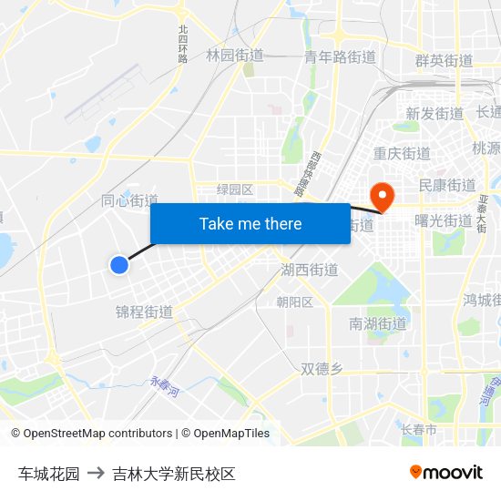 车城花园 to 吉林大学新民校区 map