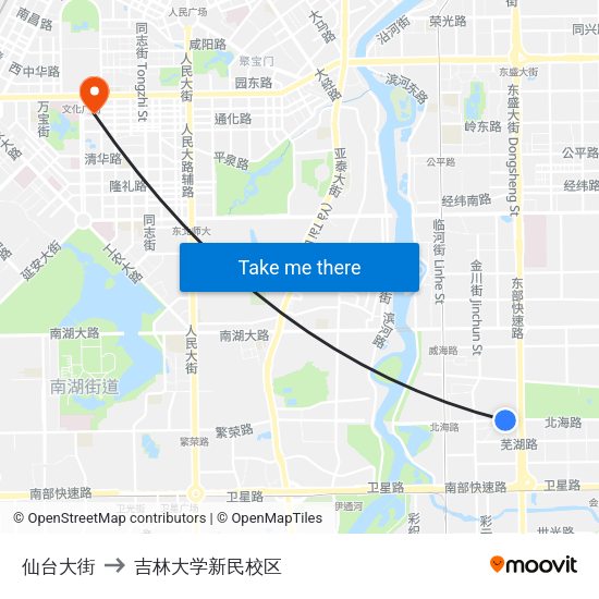仙台大街 to 吉林大学新民校区 map