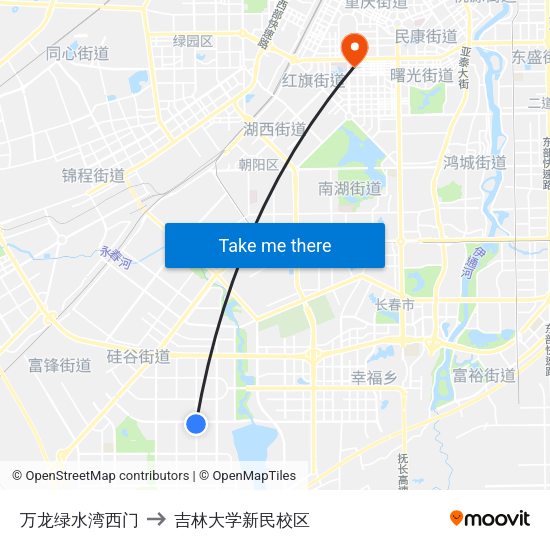 万龙绿水湾西门 to 吉林大学新民校区 map