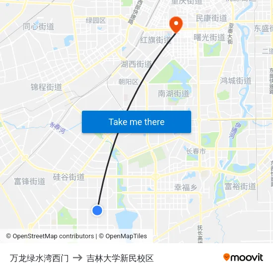 万龙绿水湾西门 to 吉林大学新民校区 map