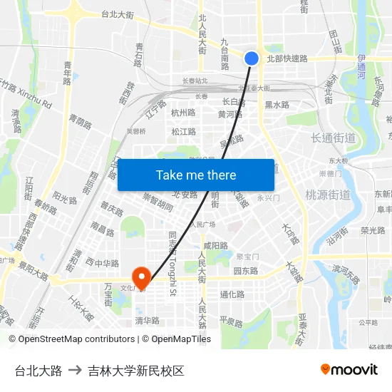 台北大路 to 吉林大学新民校区 map