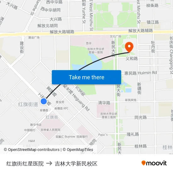 红旗街红星医院 to 吉林大学新民校区 map