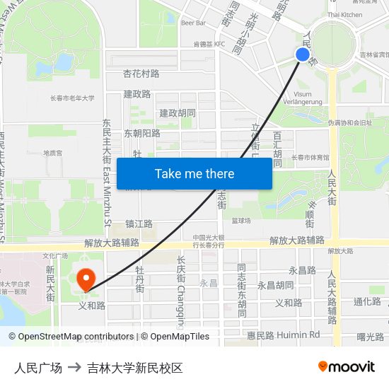 人民广场 to 吉林大学新民校区 map
