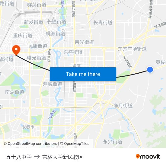 五十八中学 to 吉林大学新民校区 map