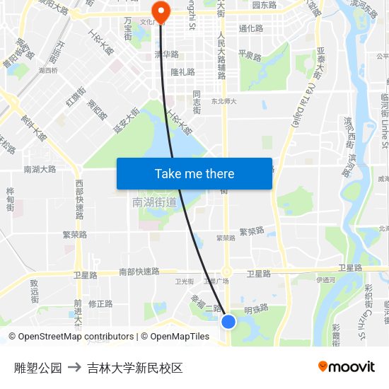 雕塑公园 to 吉林大学新民校区 map
