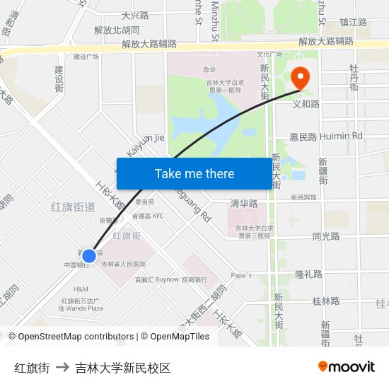 红旗街 to 吉林大学新民校区 map