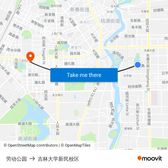 劳动公园 to 吉林大学新民校区 map