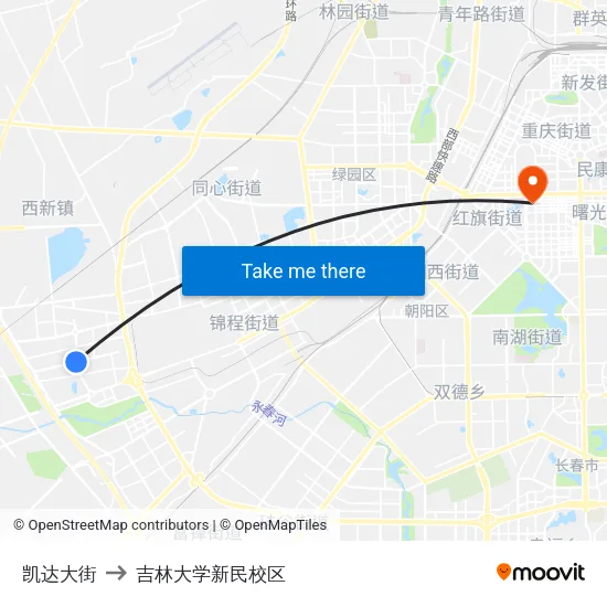 凯达大街 to 吉林大学新民校区 map