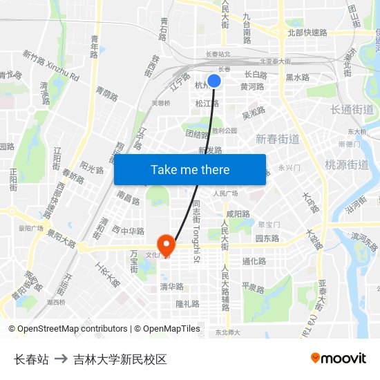 长春站 to 吉林大学新民校区 map