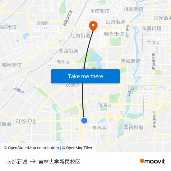 南部新城 to 吉林大学新民校区 map