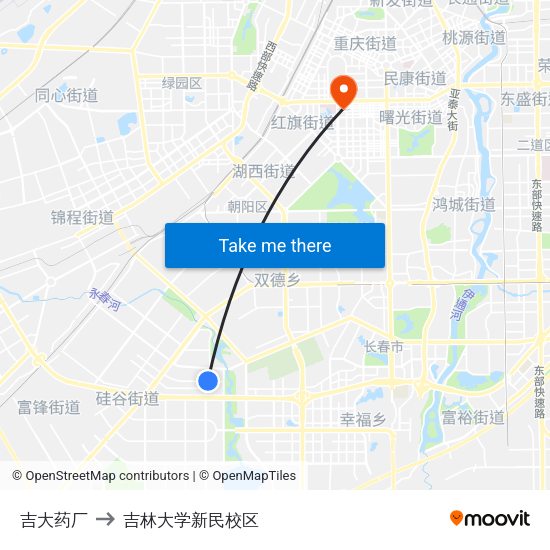 吉大药厂 to 吉林大学新民校区 map