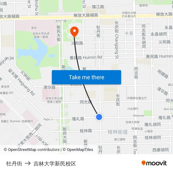 牡丹街 to 吉林大学新民校区 map
