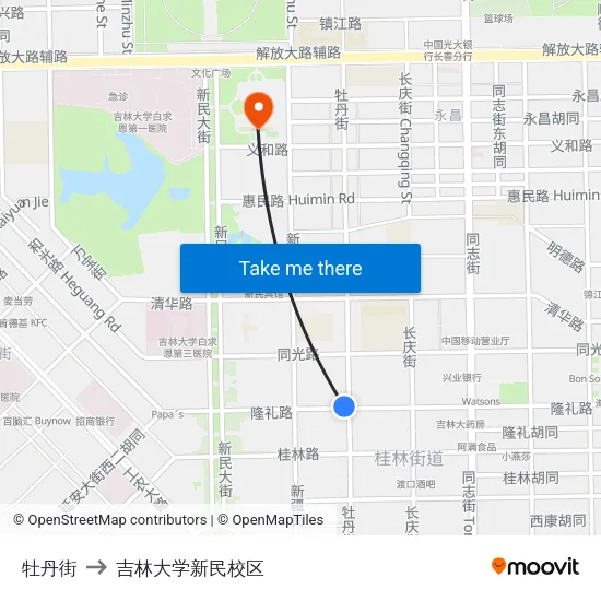 牡丹街 to 吉林大学新民校区 map