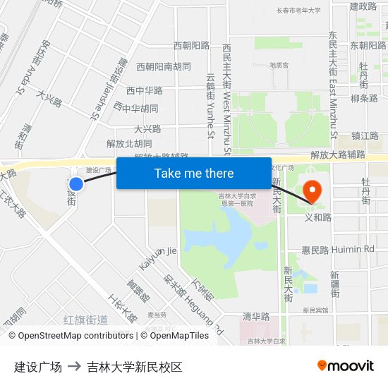建设广场 to 吉林大学新民校区 map