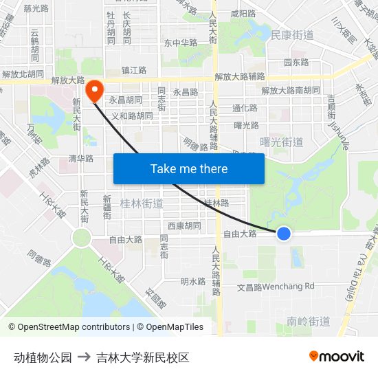 动植物公园 to 吉林大学新民校区 map