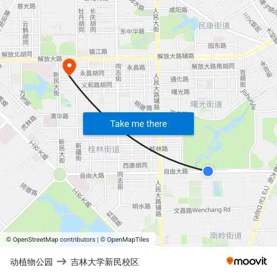 动植物公园 to 吉林大学新民校区 map