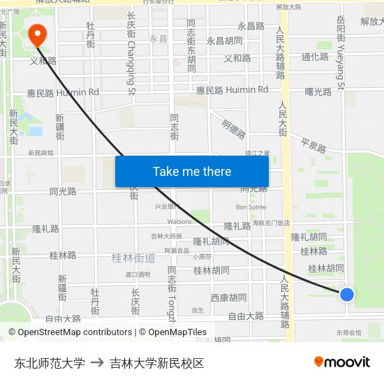 东北师范大学 to 吉林大学新民校区 map