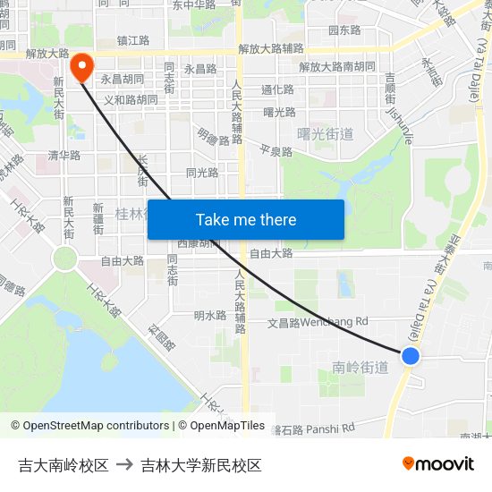 吉大南岭校区 to 吉林大学新民校区 map