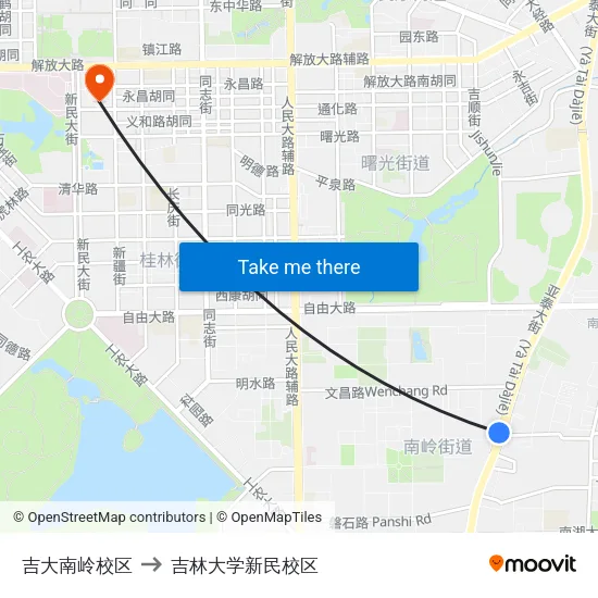 吉大南岭校区 to 吉林大学新民校区 map