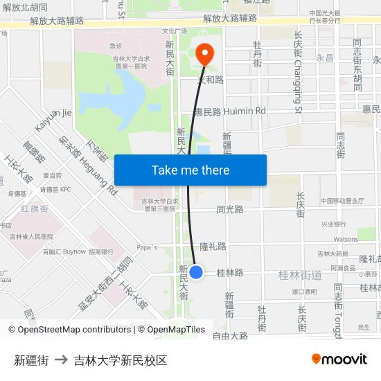 新疆街 to 吉林大学新民校区 map