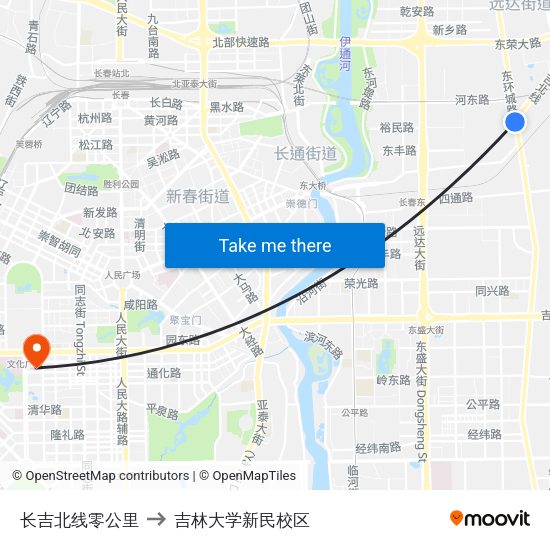 长吉北线零公里 to 吉林大学新民校区 map
