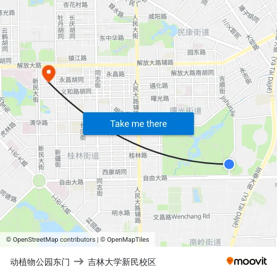 动植物公园东门 to 吉林大学新民校区 map