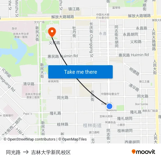 同光路 to 吉林大学新民校区 map
