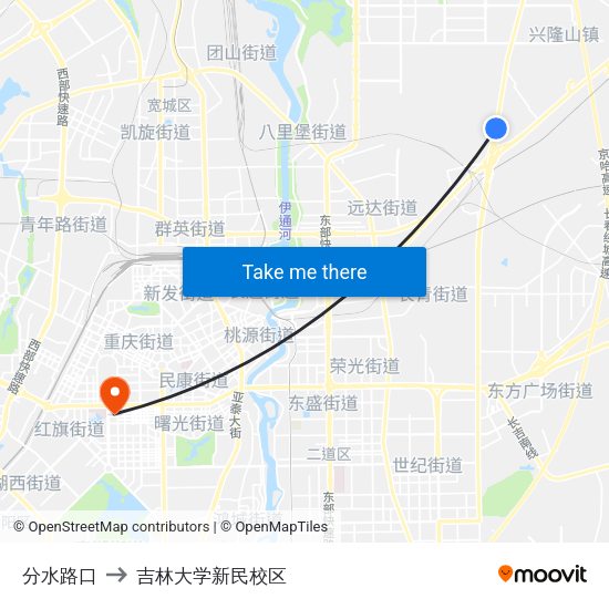 分水路口 to 吉林大学新民校区 map