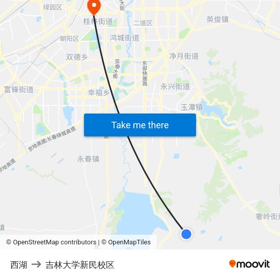 西湖 to 吉林大学新民校区 map
