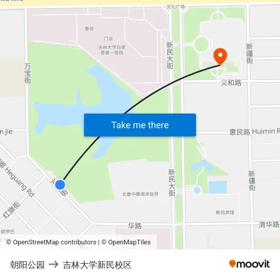 朝阳公园 to 吉林大学新民校区 map